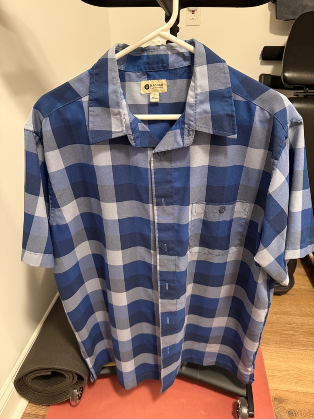 Haggar Blue Multi-Tone Plaid Short Sleeve Button-Down Shirt